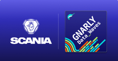 Scania logo besides Gnarly Data Waves Podcast series logo